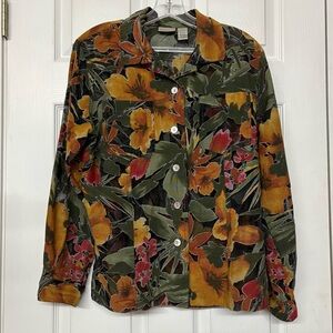 Chico's Sheer Multicolor Tropical Floral Button Front Top Sz 1 Medium